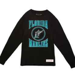 Men Mitchell & Ness T-Shirts & Tops-Arched Logo Slub Ls Tee Florida Marlins