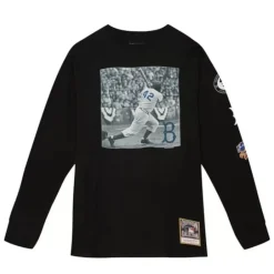 Men Mitchell & Ness T-Shirts & Tops-Batter Up Ls Tee Brooklyn Dodgers Jackie Robinson