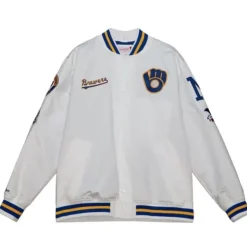 Men Mitchell & Ness Jackets & Outerwear-City Collection Lightweight Satin Jacket Milwaukee Brewers