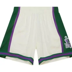 Men Mitchell & Ness Shorts-Cream Swingman Shorts Milwaukee Bucks 2000