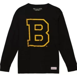 Men Mitchell & Ness T-Shirts & Tops-Distressed Logo Ls Tee Boston Bruins