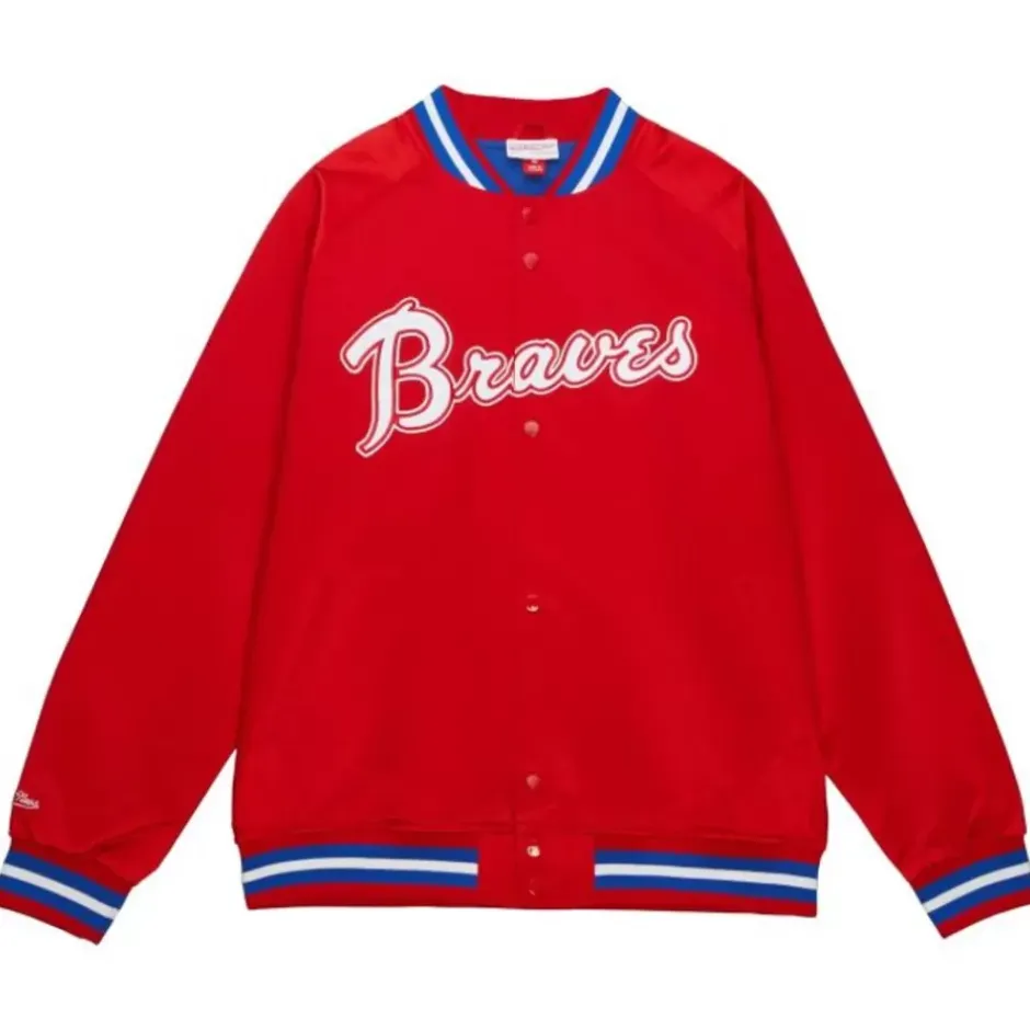 Men Mitchell & Ness Jackets & Outerwear-Double Clutch Lightweight Satin Jacket Atlanta Braves