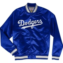 Men Mitchell & Ness Jackets & Outerwear-Double Clutch Lightweight Satin Jacket Los Angeles Dodgers