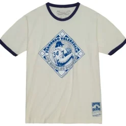 Men Mitchell & Ness T-Shirts & Tops-Emblem Ringer Los Angeles Dodgers Fernando Valenzuela