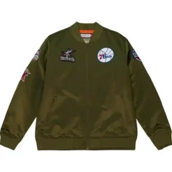 Men Mitchell & Ness Jackets & Outerwear-Flight Satin Bomber Jacket Philadelphia 76Ers