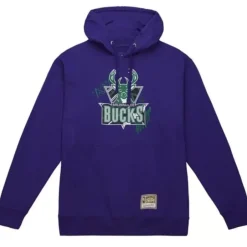 Men Mitchell & Ness Hoodies & Sweatshirts-Game Day Pattern Pullover Hoodie Milwaukee Bucks