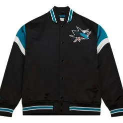 Men Mitchell & Ness Jackets & Outerwear-Heavyweight Satin Jacket San Jose Sharks