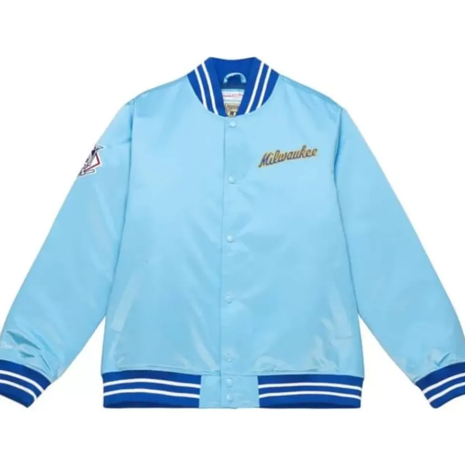 Men Mitchell & Ness Jackets & Outerwear-Heavyweight Satin Jacket Milwaukee Brewers