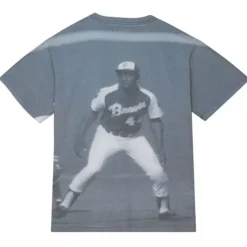 Men Mitchell & Ness T-Shirts & Tops-Highlight Sublimated Player Tee Atlanta Braves Hank Aaron