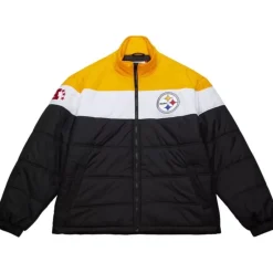 Men Mitchell & Ness Jackets & Outerwear-In The Clutch Puffer Jacket Vintage Logo Pittsburgh Steelers