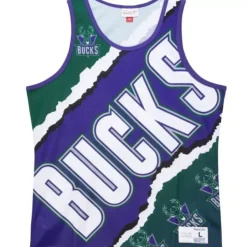 Men Mitchell & Ness T-Shirts & Tops-Jumbotron 2.0 Sublimated Tank Milwaukee Bucks