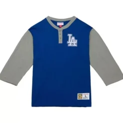 Men Mitchell & Ness T-Shirts & Tops-Legendary Slub Henley Los Angeles Dodgers