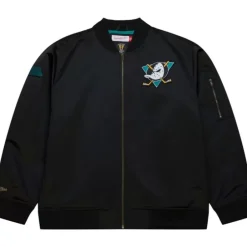 Men Mitchell & Ness Jackets & Outerwear-Lightweight Satin Bomber Vintage Logo Anaheim Ducks