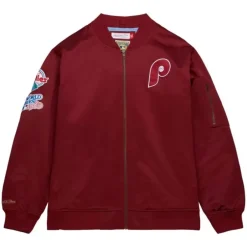 Men Mitchell & Ness Jackets & Outerwear-Lightweight Satin Bomber Vintage Logo Philadelphia Phillies