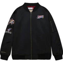 Men Mitchell & Ness Jackets & Outerwear-Lightweight Satin Bomber Vintage Logo Philadelphia 76Ers
