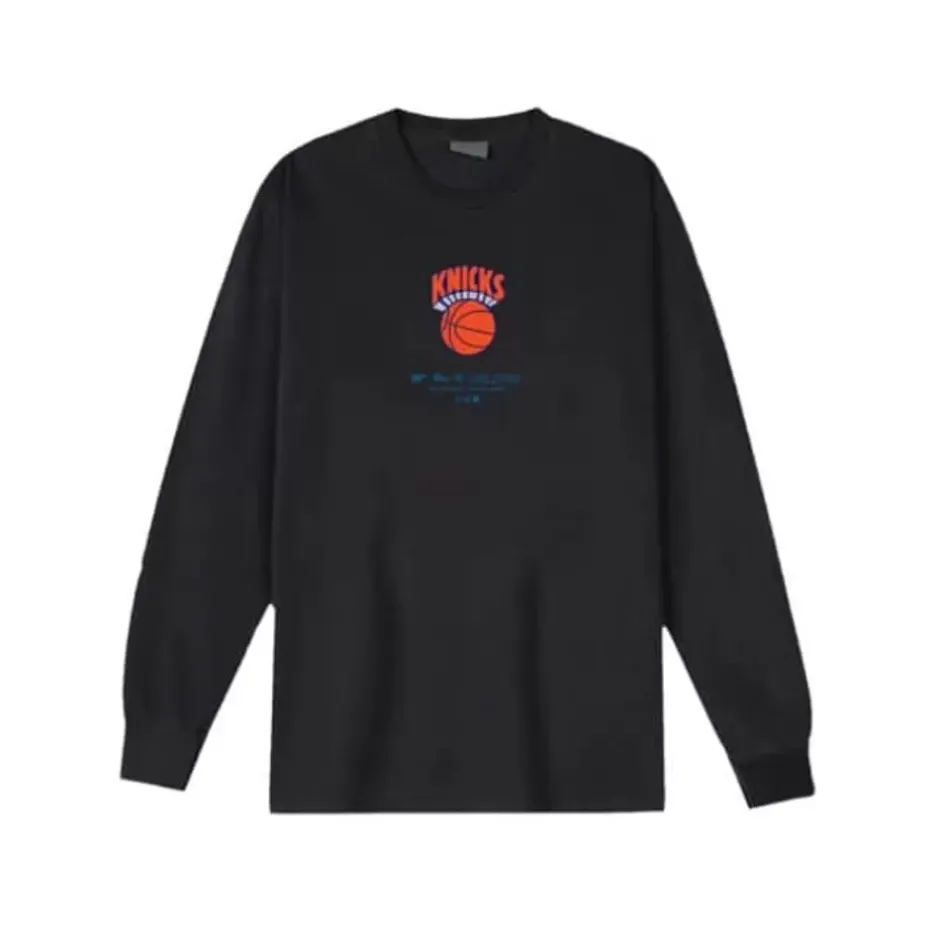 Men Mitchell & Ness T-Shirts & Tops-M&N X Br World Tour Long Sleeve New York Knicks