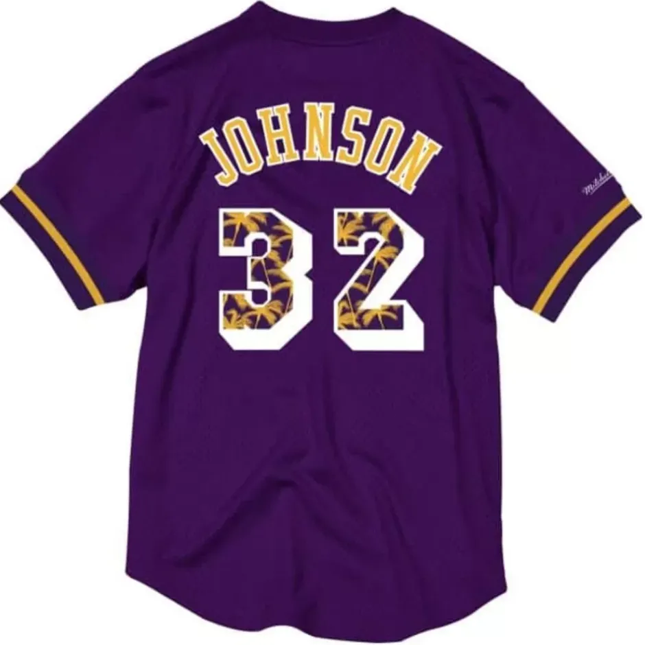 Men Mitchell & Ness T-Shirts & Tops-Name & Number Mesh Crewneck Los Angeles Lakers Magic Johnson
