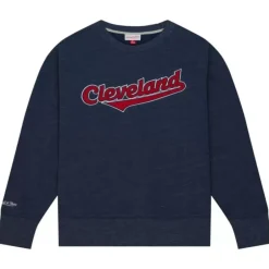 Men Mitchell & Ness Hoodies & Sweatshirts-Playoff Win 2.0 Crew Vintage Cleveland Guardians