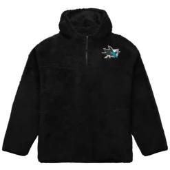 Men Mitchell & Ness Hoodies & Sweatshirts-Polar Fleece 1/4 Zip Pullover Hoodie Current Logo San Jose Sharks