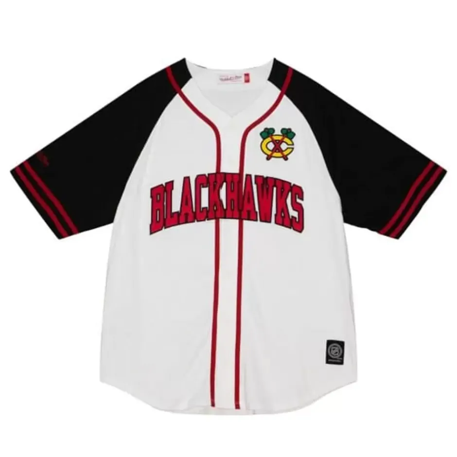 Men Mitchell & Ness T-Shirts & Tops-Practice Day Button Front Jersey Chicago Blackhawks