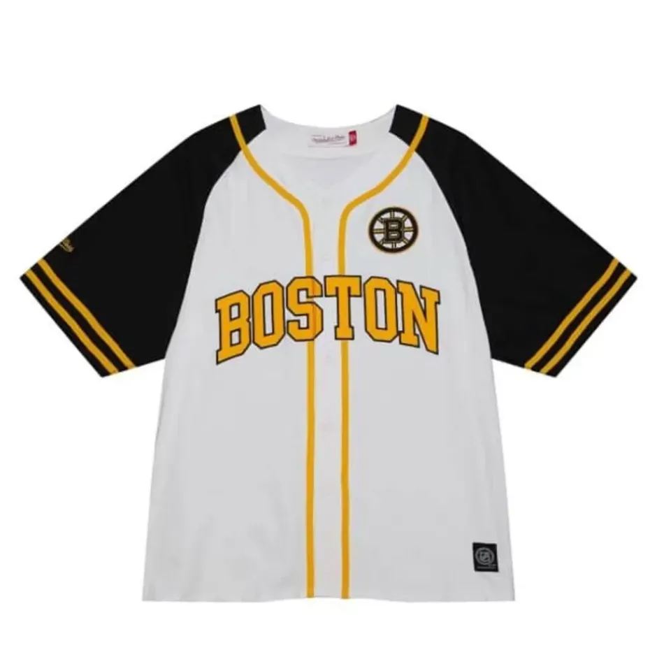Men Mitchell & Ness T-Shirts & Tops-Practice Day Button Front Jersey Boston Bruins