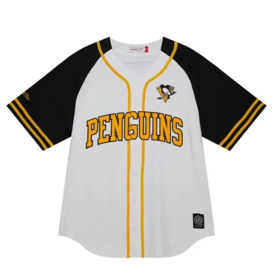 Men Mitchell & Ness T-Shirts & Tops-Practice Day Button Front Jersey Pittsburgh Penguins