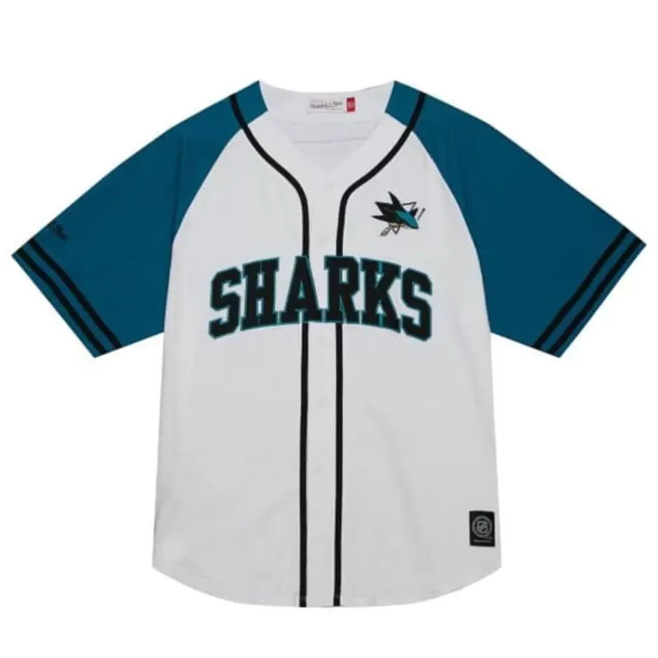 Men Mitchell & Ness T-Shirts & Tops-Practice Day Button Front Jersey San Jose Sharks