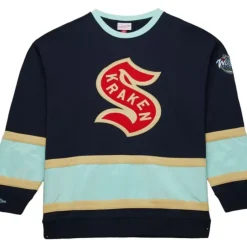 Men Mitchell & Ness Hoodies & Sweatshirts-Satin Insert Fleece Crew Current Logo Seattle Kraken