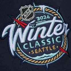 Men Mitchell & Ness Hoodies & Sweatshirts-Satin Insert Fleece Crew Current Logo Seattle Kraken