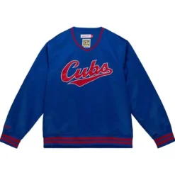 Men Mitchell & Ness Jackets & Outerwear-Sideline Pullover Satin Jacket Chicago Cubs