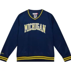 Men Mitchell & Ness Jackets & Outerwear-Sideline Pullover Satin Jacket University Of Michigan