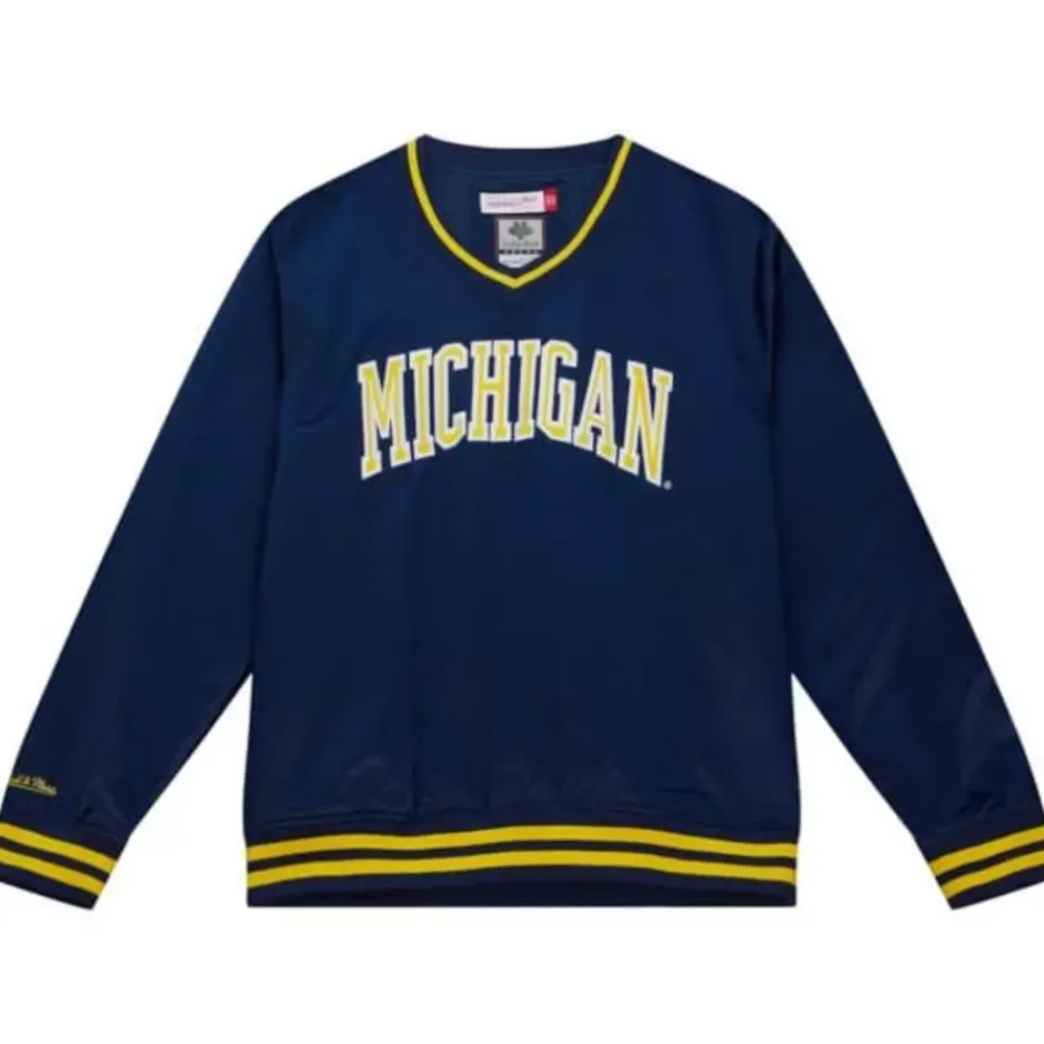 Men Mitchell & Ness Jackets & Outerwear-Sideline Pullover Satin Jacket University Of Michigan
