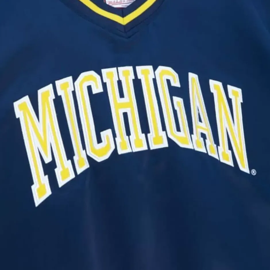 Men Mitchell & Ness Jackets & Outerwear-Sideline Pullover Satin Jacket University Of Michigan