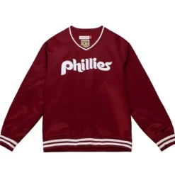 Men Mitchell & Ness Jackets & Outerwear-Sideline Pullover Satin Jacket Philadelphia Phillies