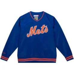Men Mitchell & Ness Jackets & Outerwear-Sideline Pullover Satin Jacket New York Mets