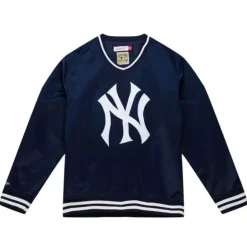 Men Mitchell & Ness Jackets & Outerwear-Sideline Pullover Satin Jacket New York Yankees