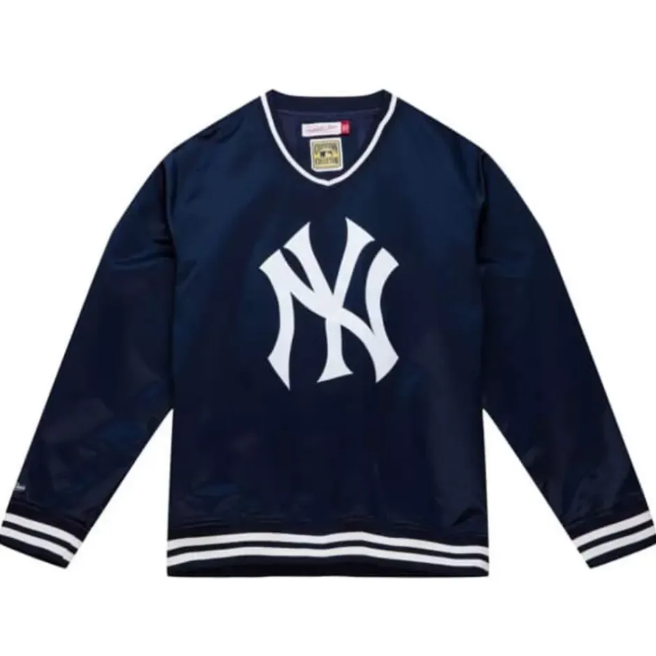Men Mitchell & Ness Jackets & Outerwear-Sideline Pullover Satin Jacket New York Yankees