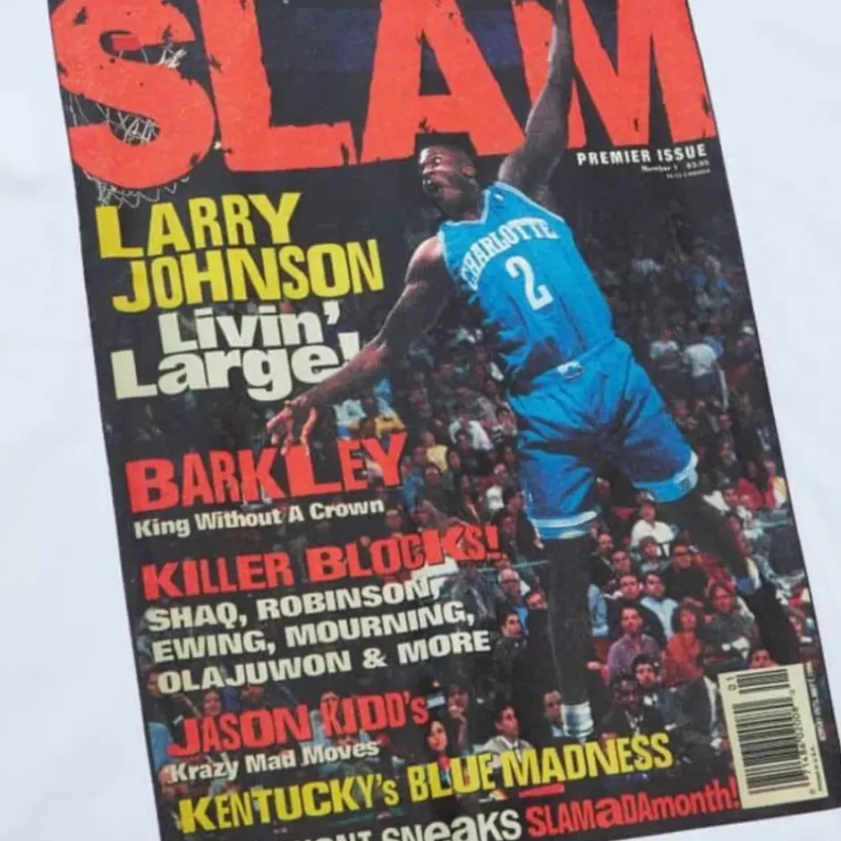 Men Mitchell & Ness T-Shirts & Tops-Slam Cover Charlotte Hornets Larry Johnson