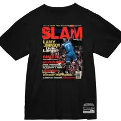Men Mitchell & Ness T-Shirts & Tops-Slam Cover Charlotte Hornets Larry Johnson