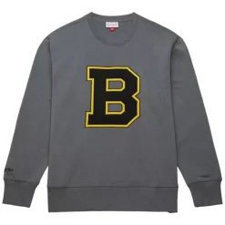 Men Mitchell & Ness Hoodies & Sweatshirts-Snow Washed Fleece Crew Boston Bruins