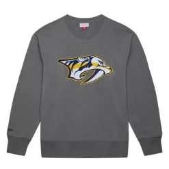 Men Mitchell & Ness Hoodies & Sweatshirts-Snow Washed Fleece Crew Current Logo Nashville Predators