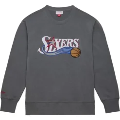 Men Mitchell & Ness Hoodies & Sweatshirts-Snow Washed Fleece Crew Philadelphia 76Ers