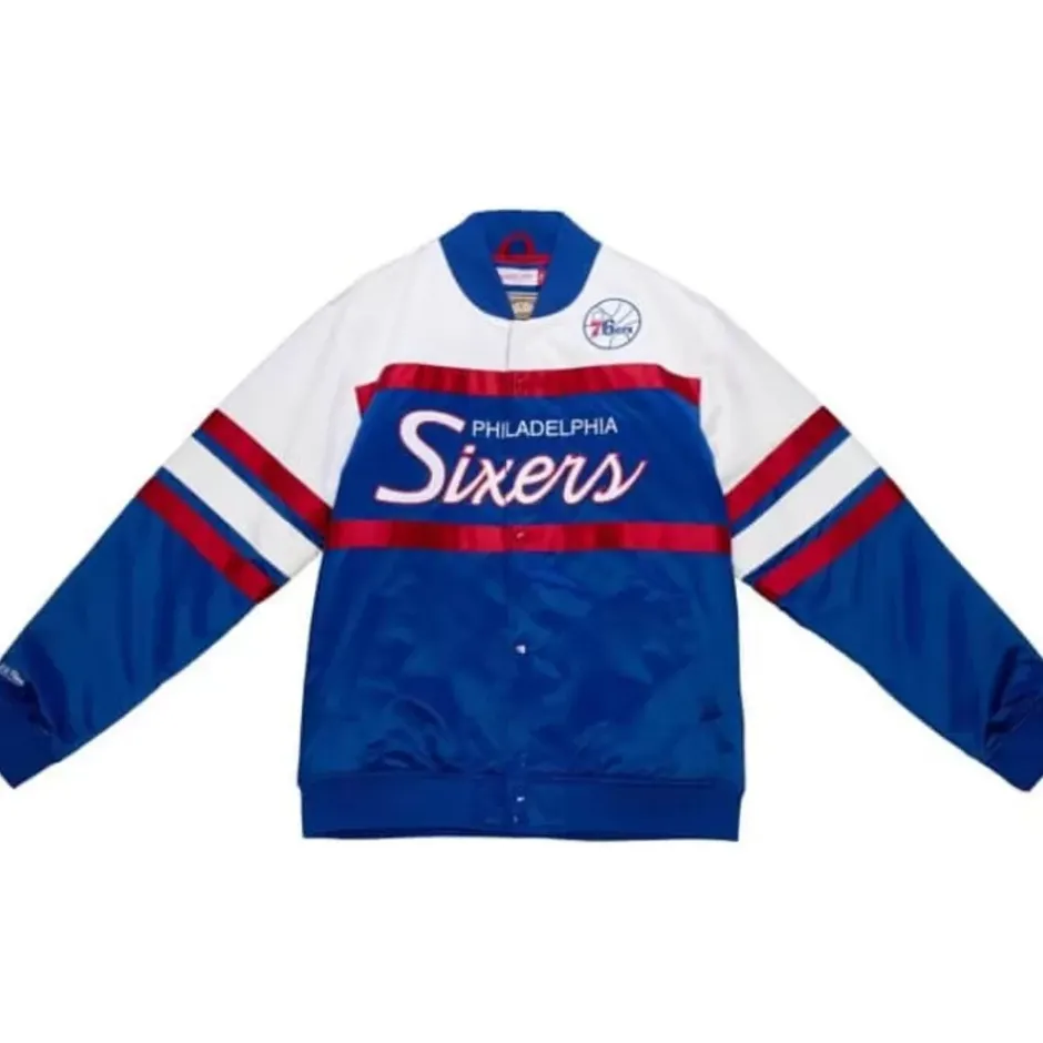 Men Mitchell & Ness Jackets & Outerwear-Special Script Heavyweight Satin Jacket Philadelphia 76Ers