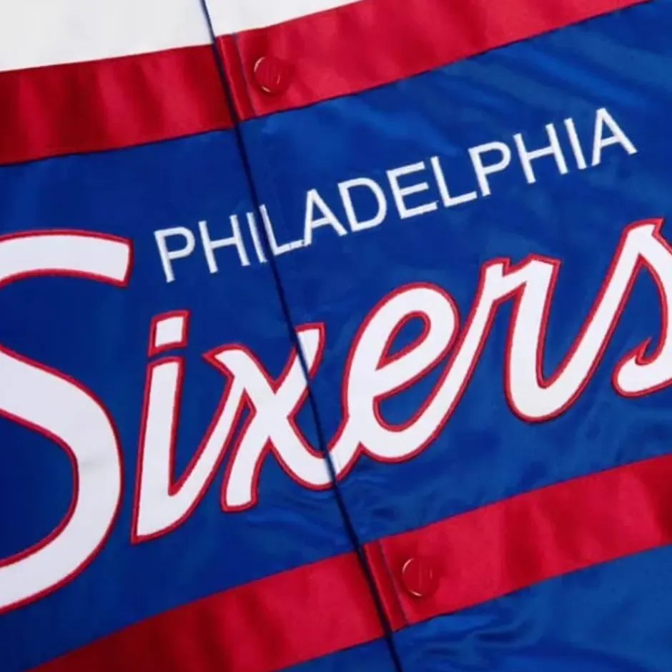 Men Mitchell & Ness Jackets & Outerwear-Special Script Heavyweight Satin Jacket Philadelphia 76Ers