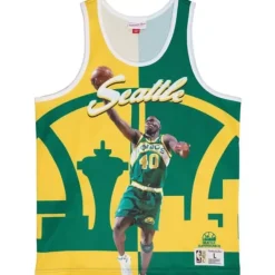 Men Mitchell & Ness T-Shirts & Tops-Sublimated Player Tank Seattle Supersonics Shawn Kemp