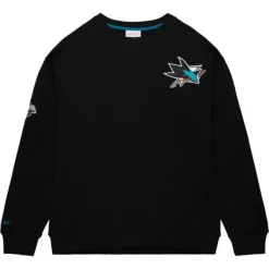 Men Mitchell & Ness Hoodies & Sweatshirts-Team First Satin Fleece Crew Current Logo San Jose Sharks