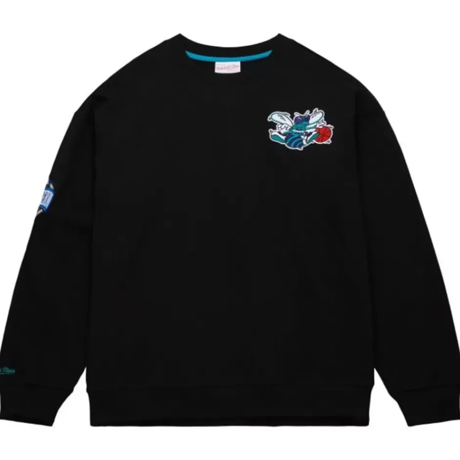 Men Mitchell & Ness Hoodies & Sweatshirts-Team First Satin Fleece Crew Charlotte Hornets
