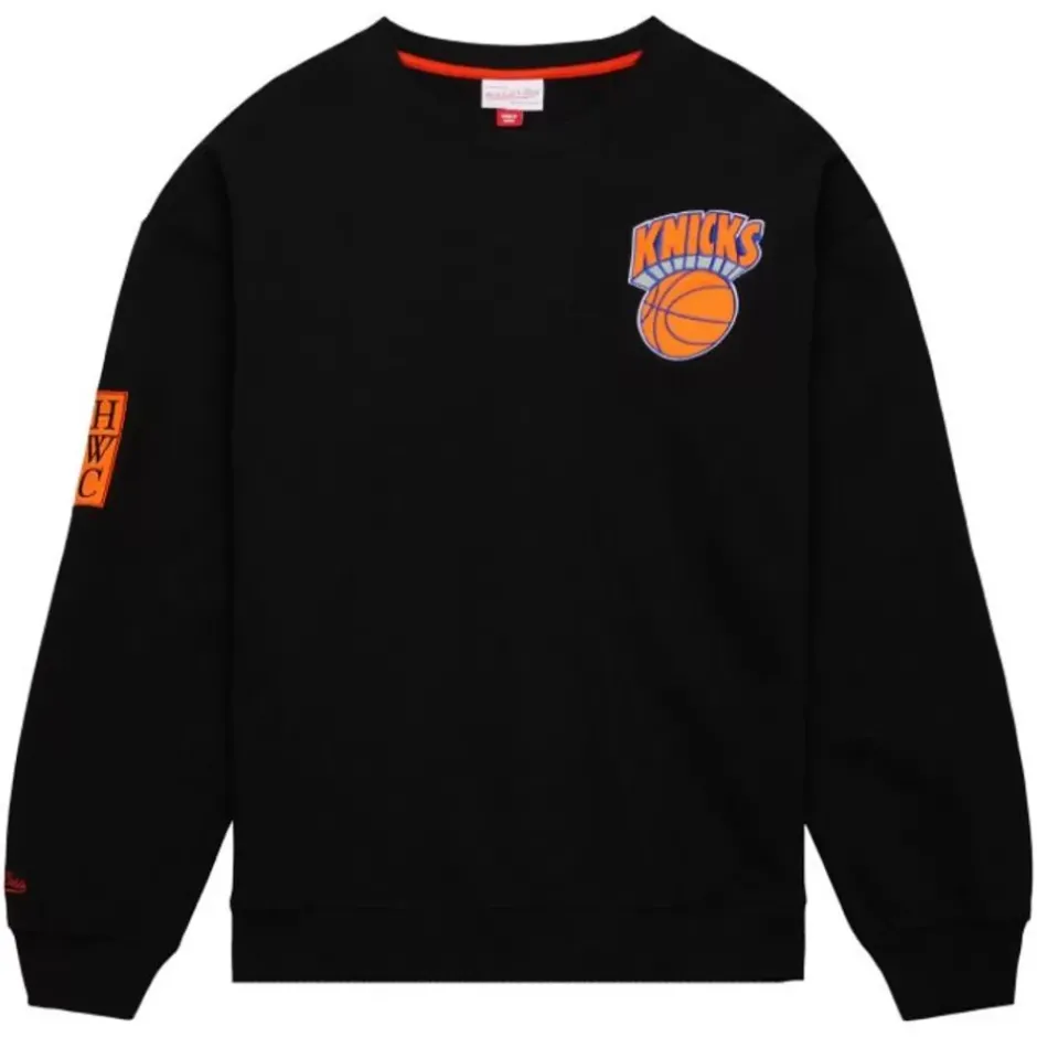 Men Mitchell & Ness Hoodies & Sweatshirts-Team First Satin Fleece Crew New York Knicks
