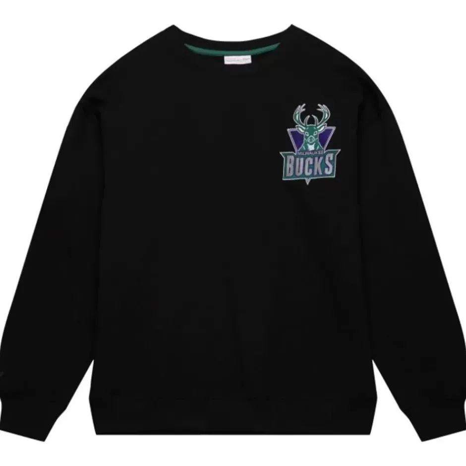 Men Mitchell & Ness Hoodies & Sweatshirts-Team First Satin Fleece Crew Milwaukee Bucks