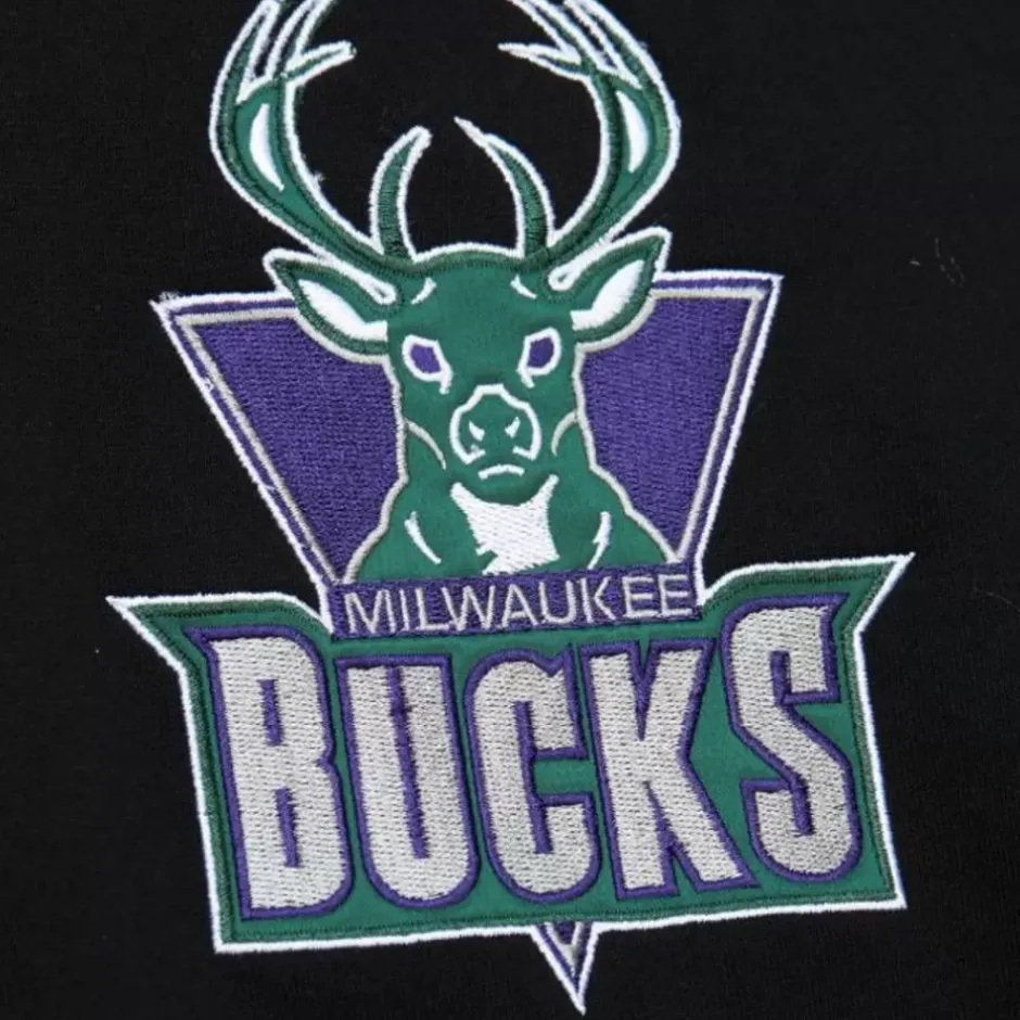Men Mitchell & Ness Hoodies & Sweatshirts-Team First Satin Fleece Crew Milwaukee Bucks